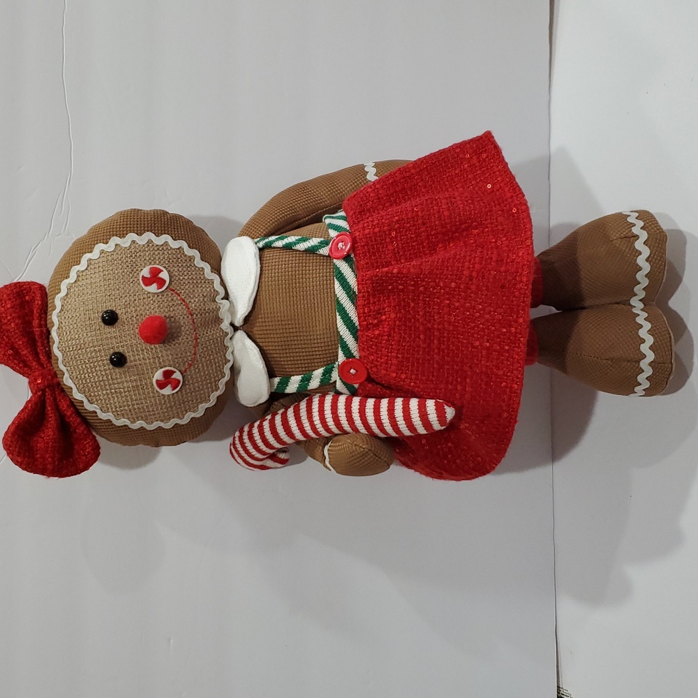 Gingerbread woman in red sequin boucle bow and‎ jumper Christmas holiday plushie